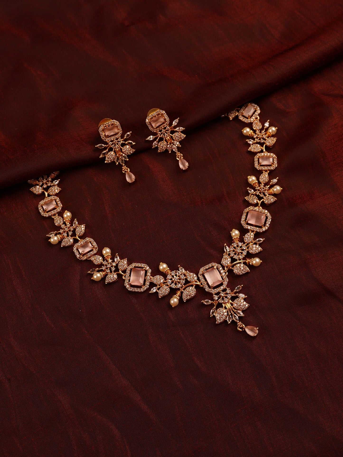 Blush Gold Crystal & Pearl Statement Necklace Set