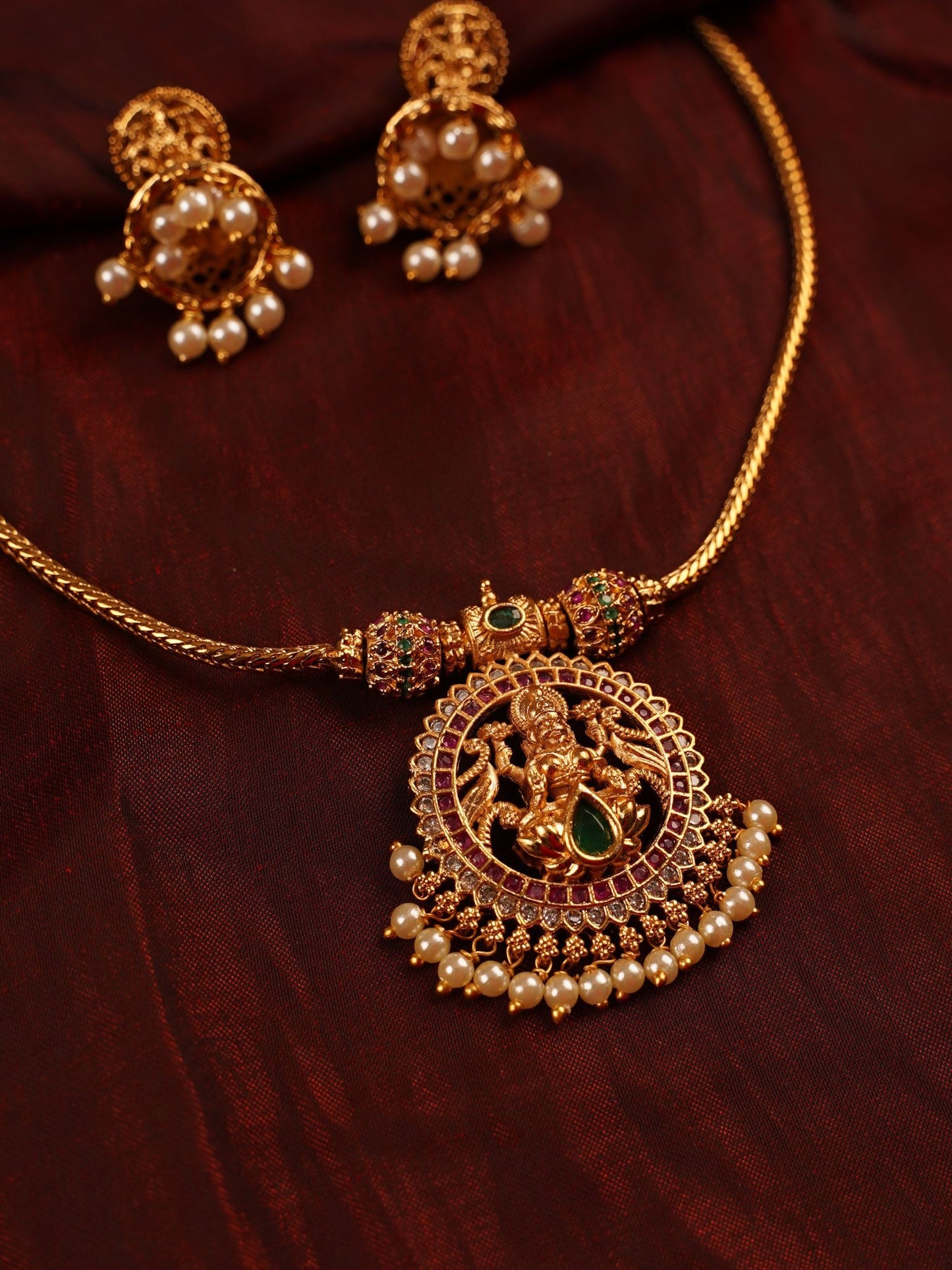 Antique Gold Lakshmi Pendant Necklace Set with Pearl Drops