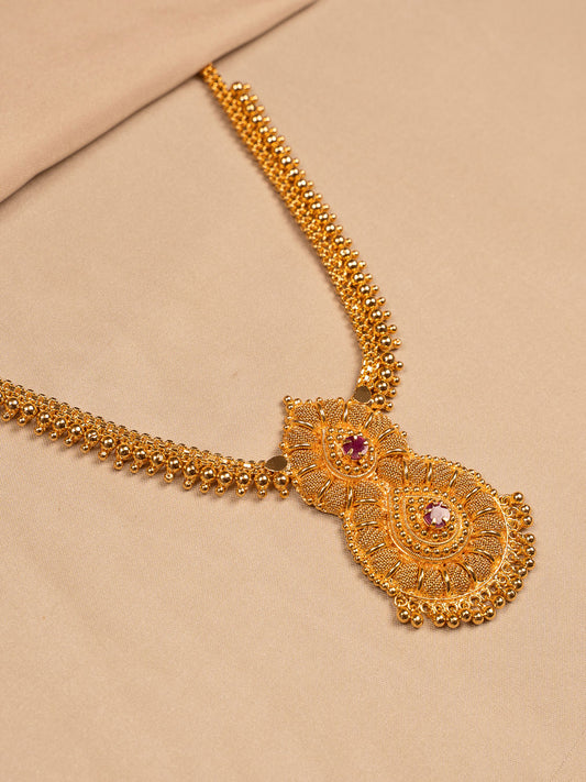 Dual Paisley Gold Pendant Necklace with Ruby Stone Accents