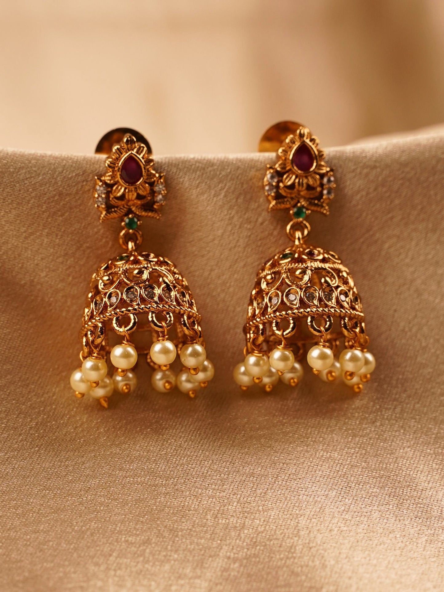 Antique Ruby Pearl Temple Jhumka