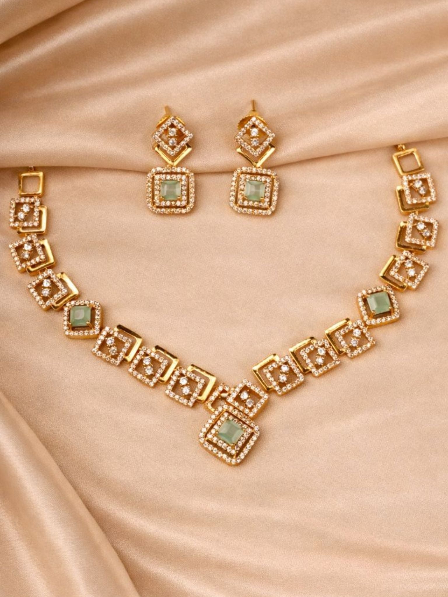 Square Necklace Set with Mint Green Accents