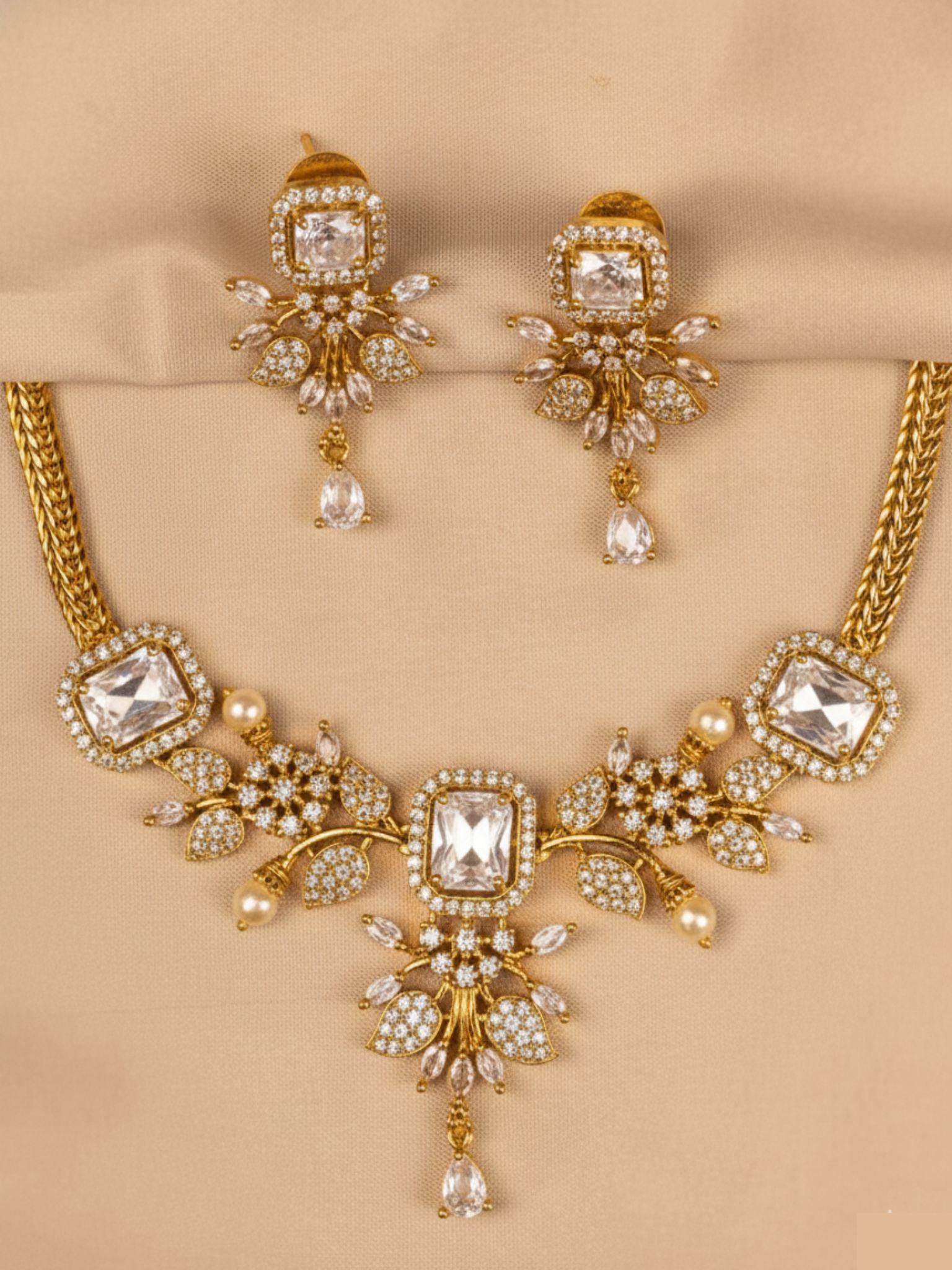 Luxurious White Stone & Gold Necklace Set with Earrings