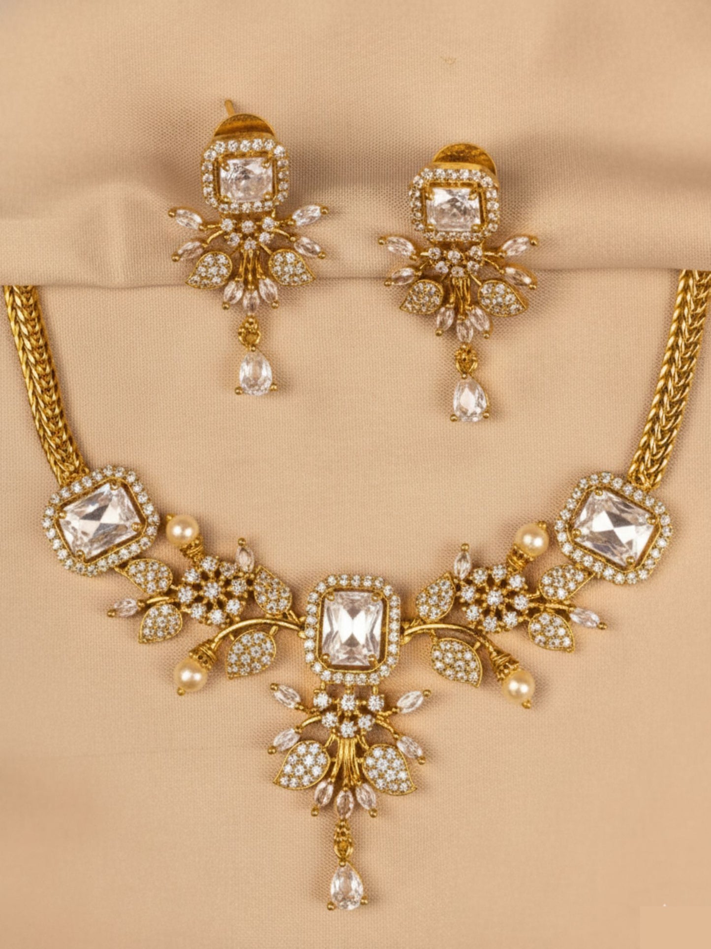 Luxurious White Stone & Gold Necklace Set with Earrings