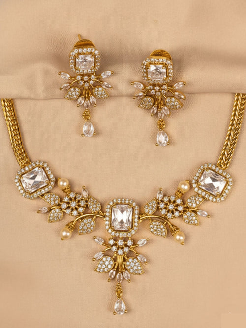 Luxurious White Stone & Gold Necklace Set with Earrings
