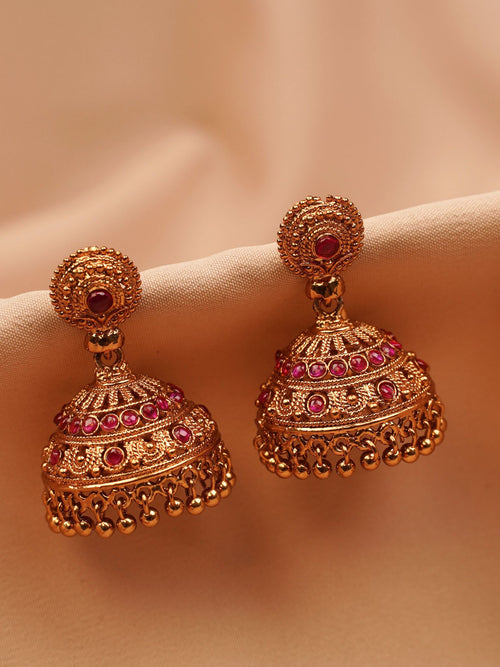 Antique gold temple jhumkas with ruby stones