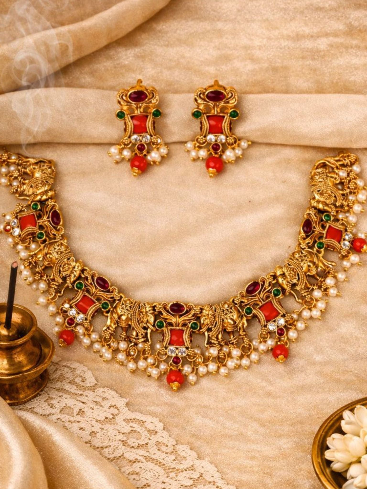 Ruby & Emerald Peacock Temple Necklace Set