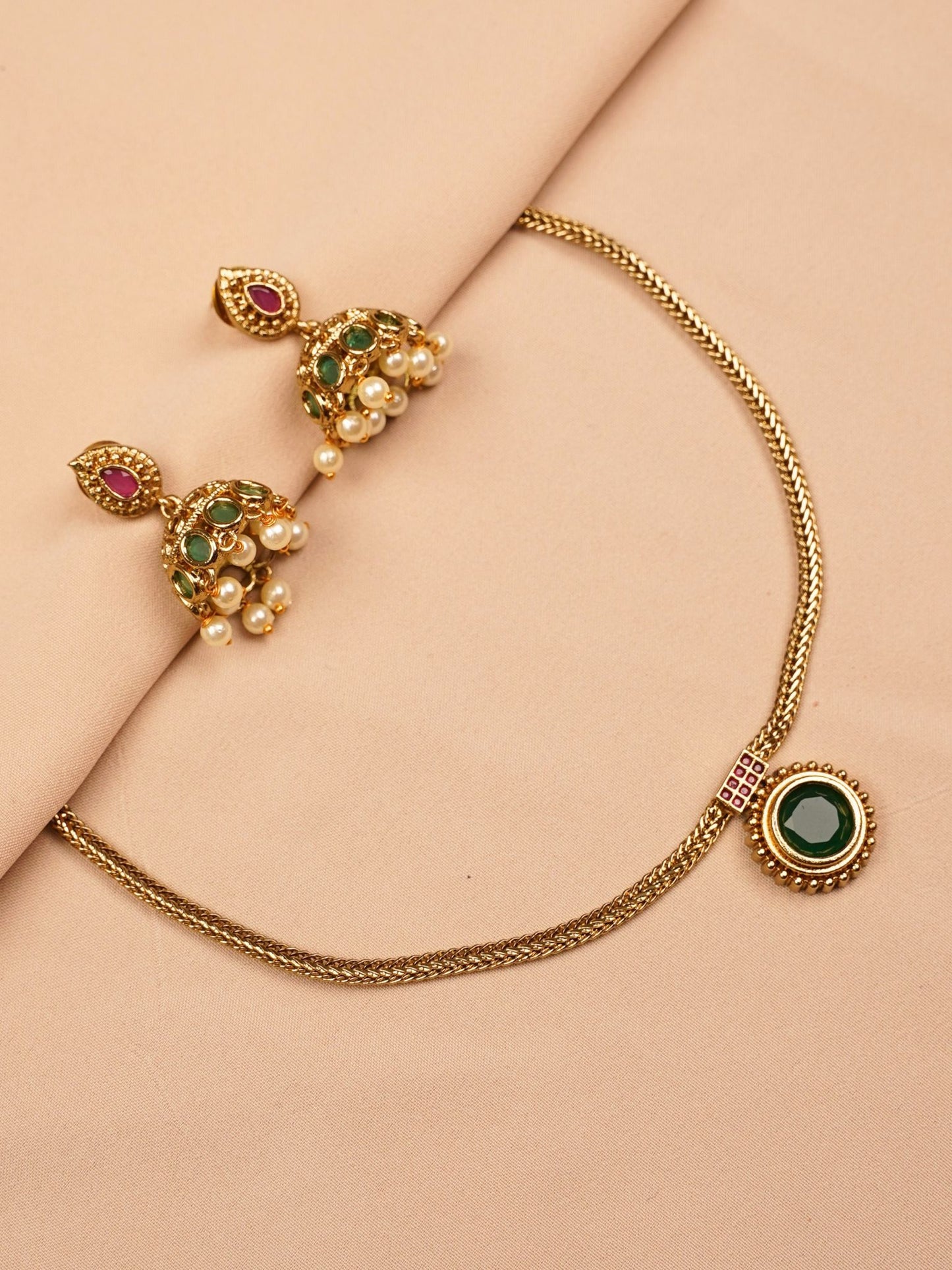 Green Stone Jhumka Necklace Set