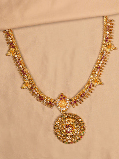 Heritage Gold Temple Necklace with Circular Floral Pendant