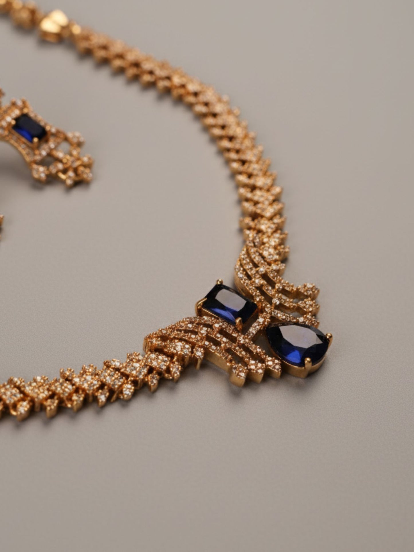 Royal Sapphire Blue Stone Necklace Set with Diamond Finish