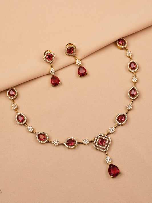 Red Drop & Square Crystal Necklace Set