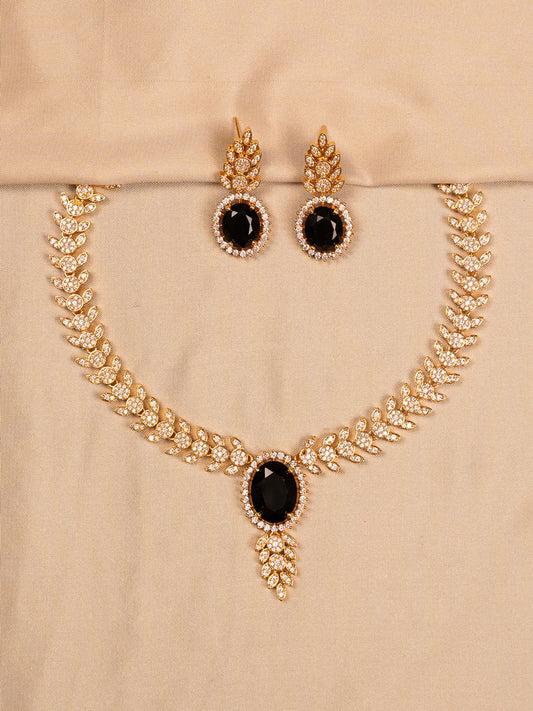 Black Stone & CZ Leaf Necklace Set with Matching Earrings