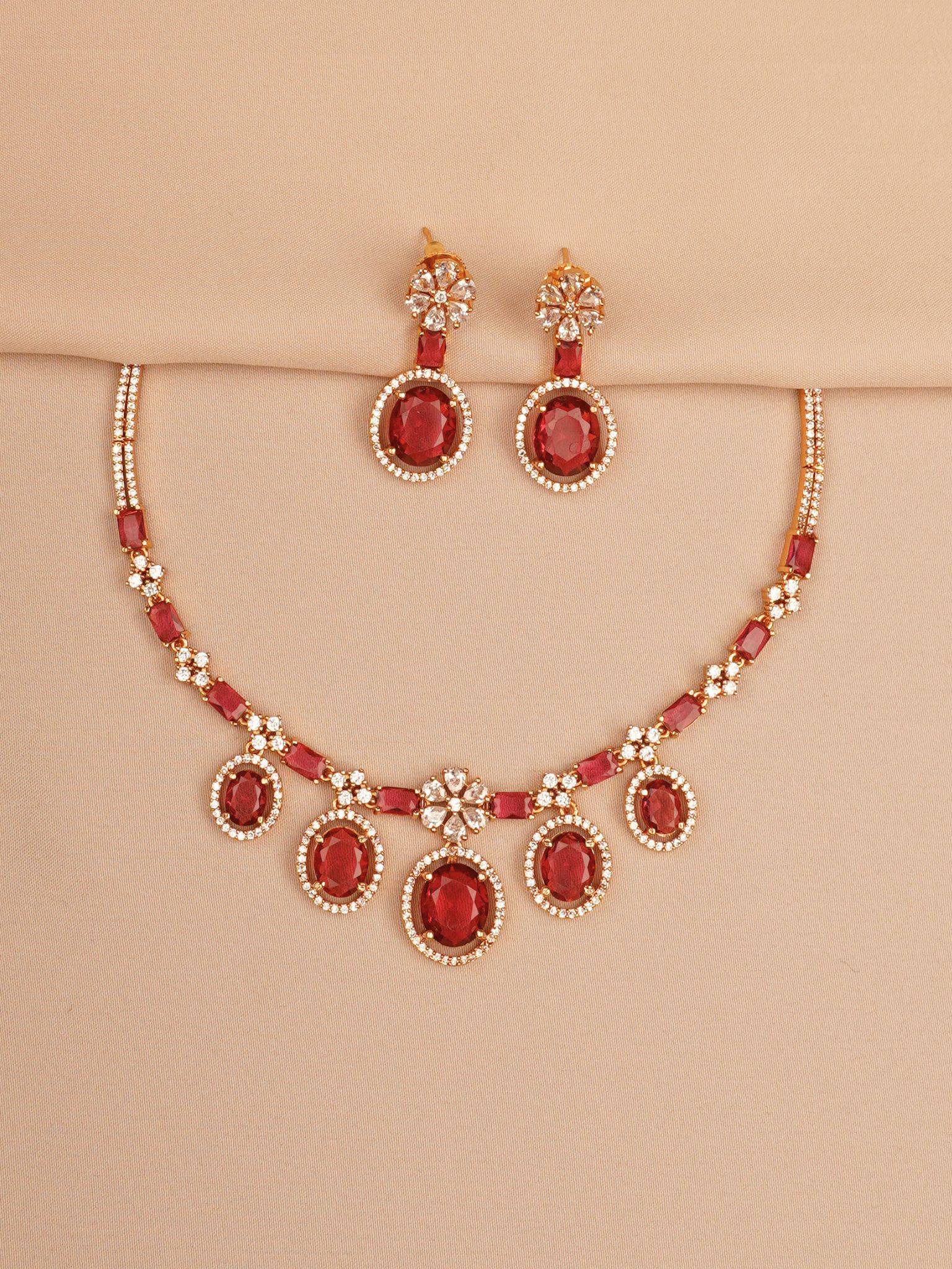 Imperial Ruby Oval Stone Necklace & Earrings Set
