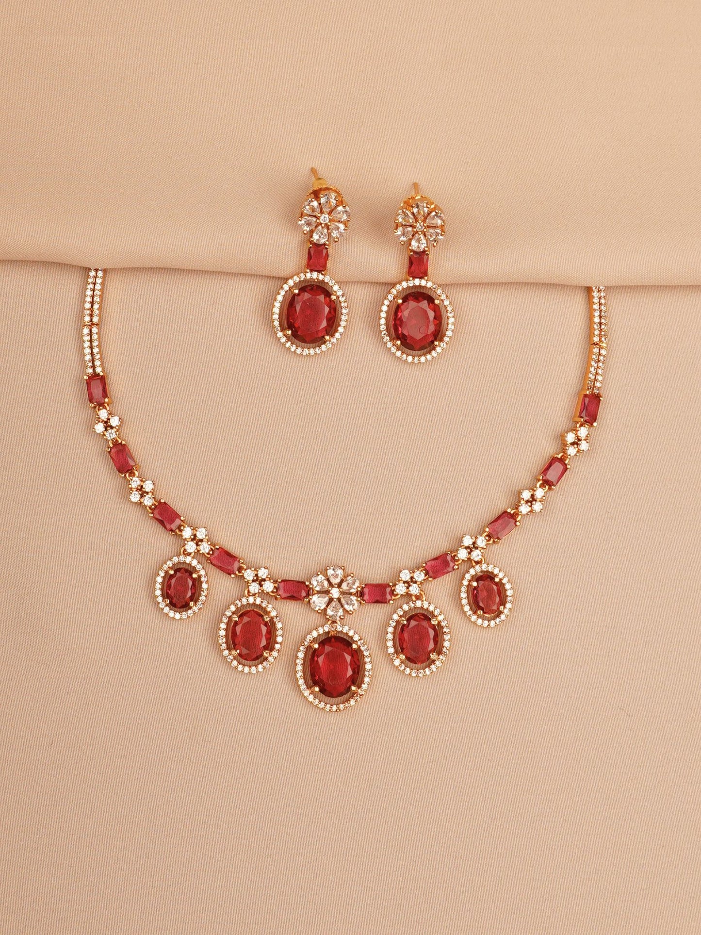 Imperial Ruby Oval Stone Necklace & Earrings Set