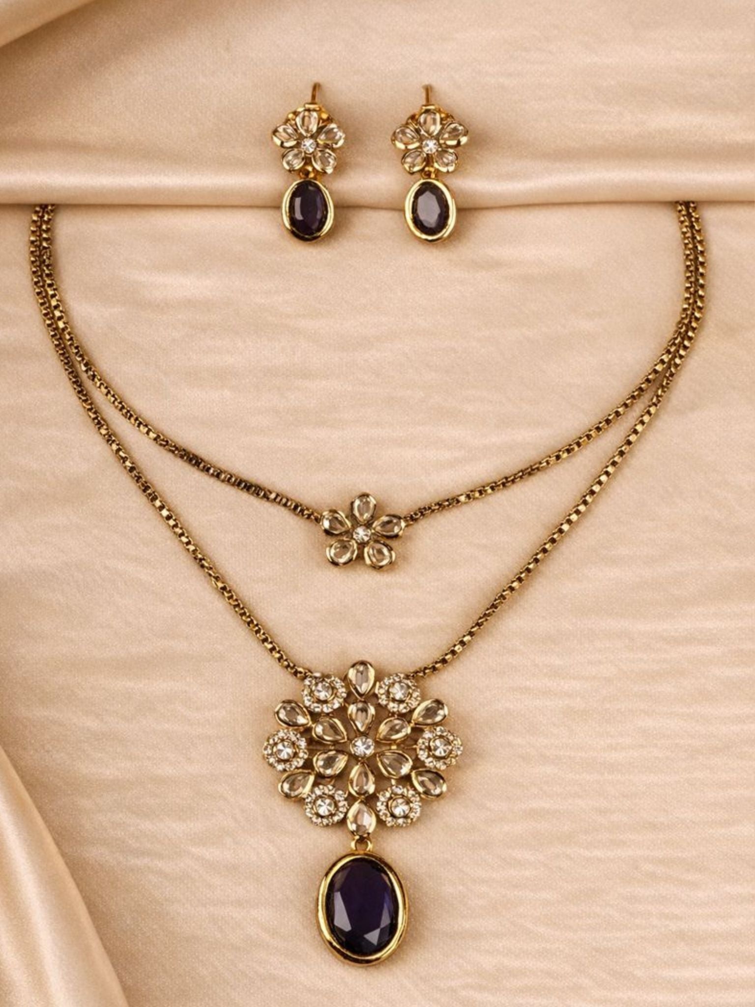 Dual Layer Floral Necklace Set with Purple Drop