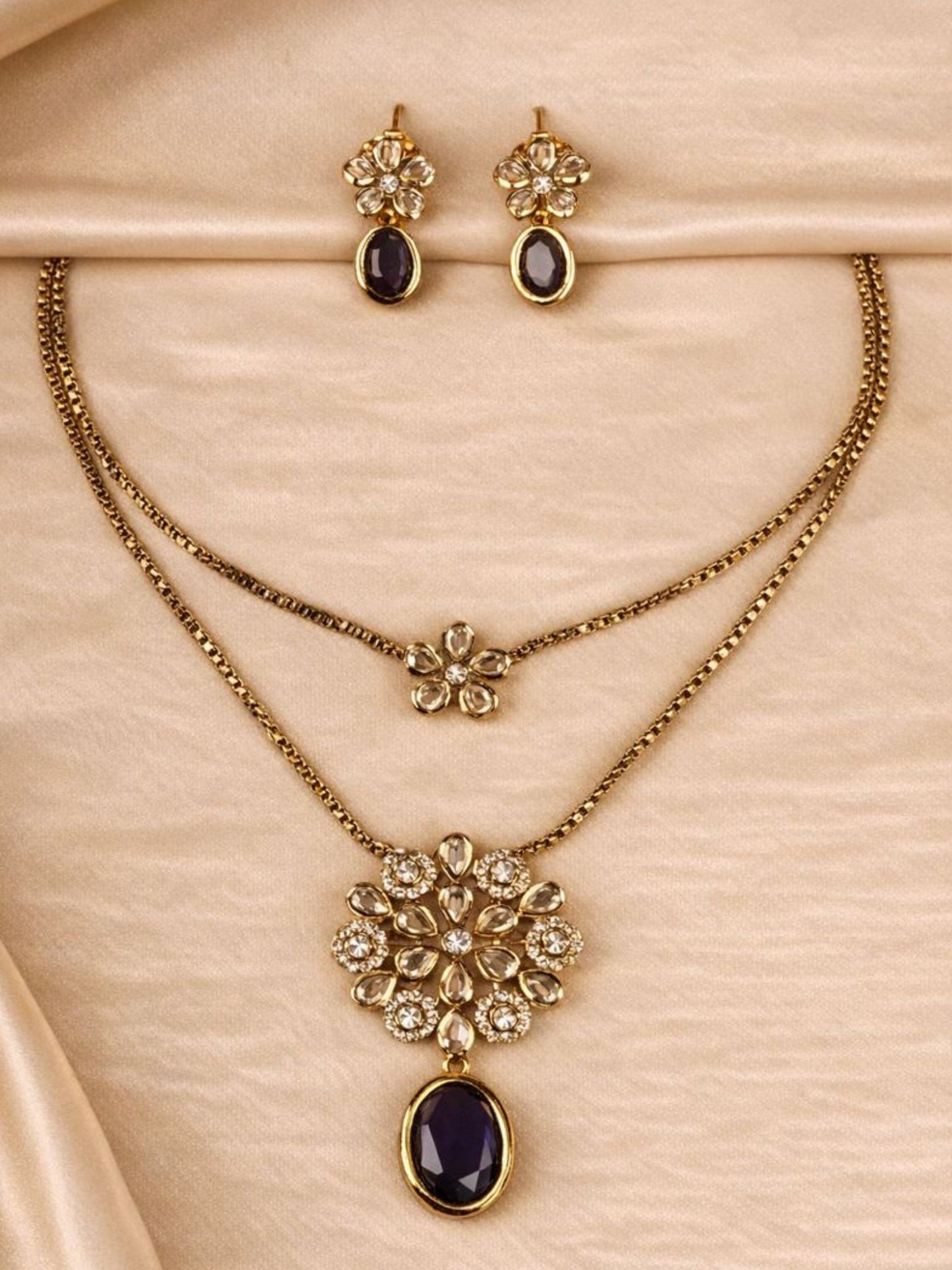 Dual Layer Floral Necklace Set with Purple Drop