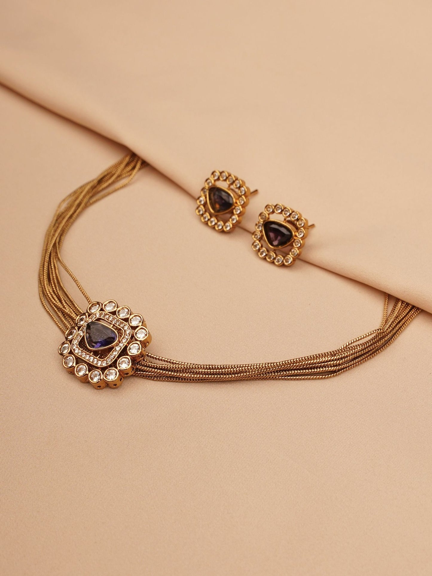 Royal Plum Multi-Layer Chain Necklace & Stud Earrings Set