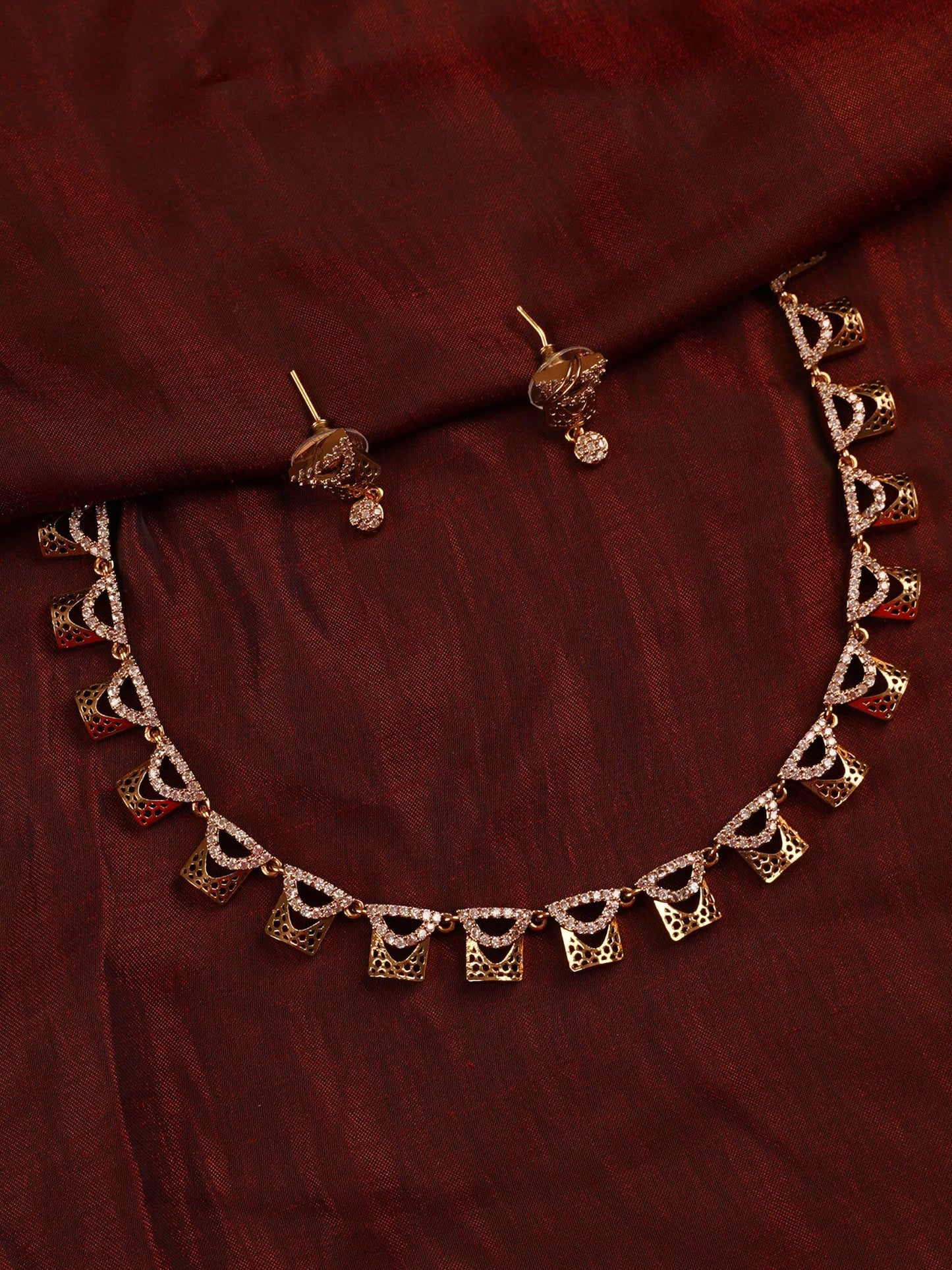 Contemporary Gold Cutwork Necklace Set with Crystal Accents