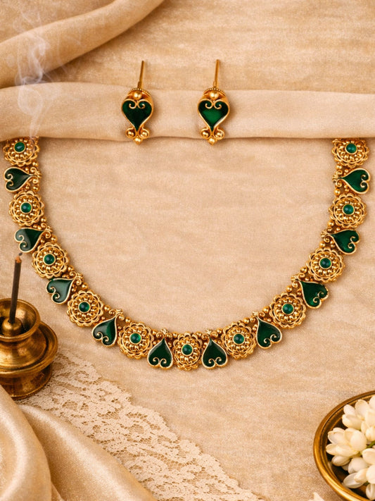 Emerald Green Enamel Temple Necklace Set