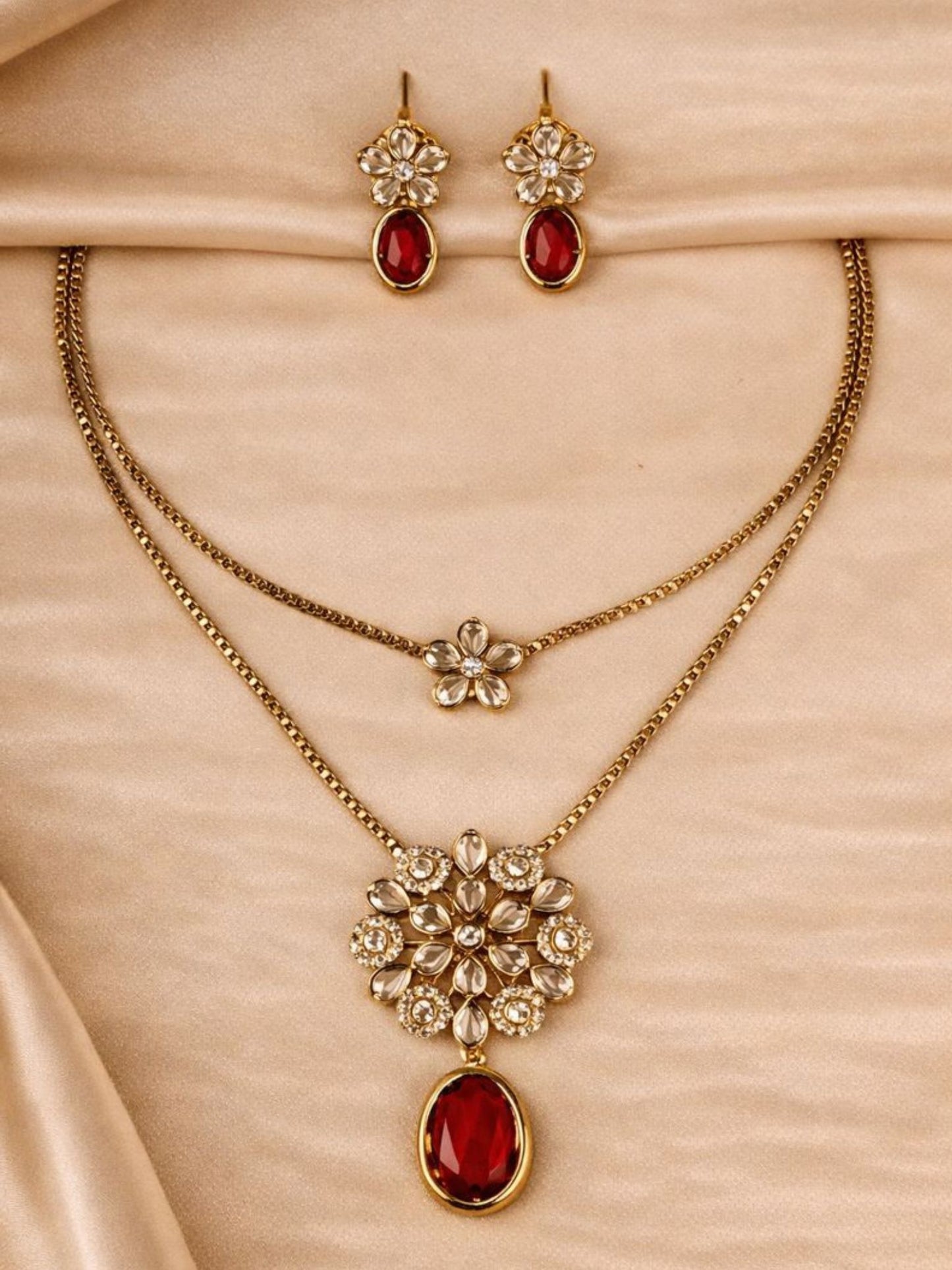Dual Layer Floral Necklace Set with Ruby Red Drop