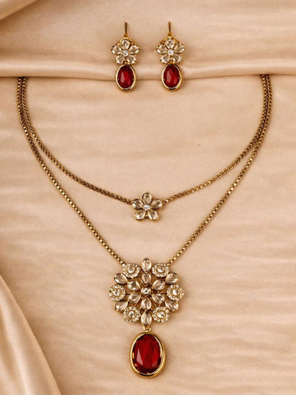 Dual Layer Floral Necklace Set with Ruby Red Drop