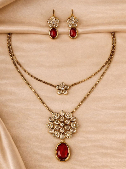 Dual Layer Floral Necklace Set with Ruby Red Drop