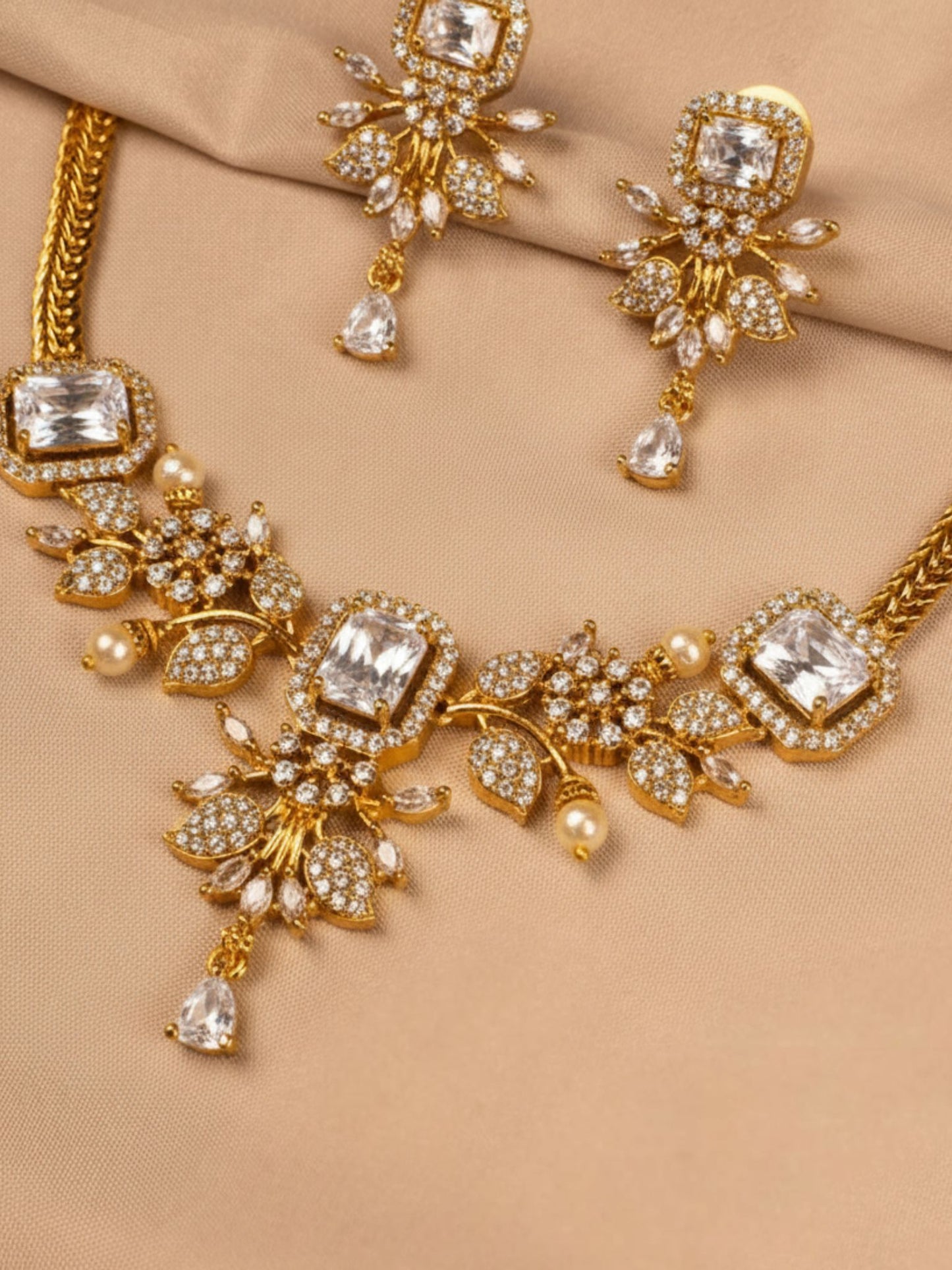 Luxurious White Stone & Gold Necklace Set with Earrings