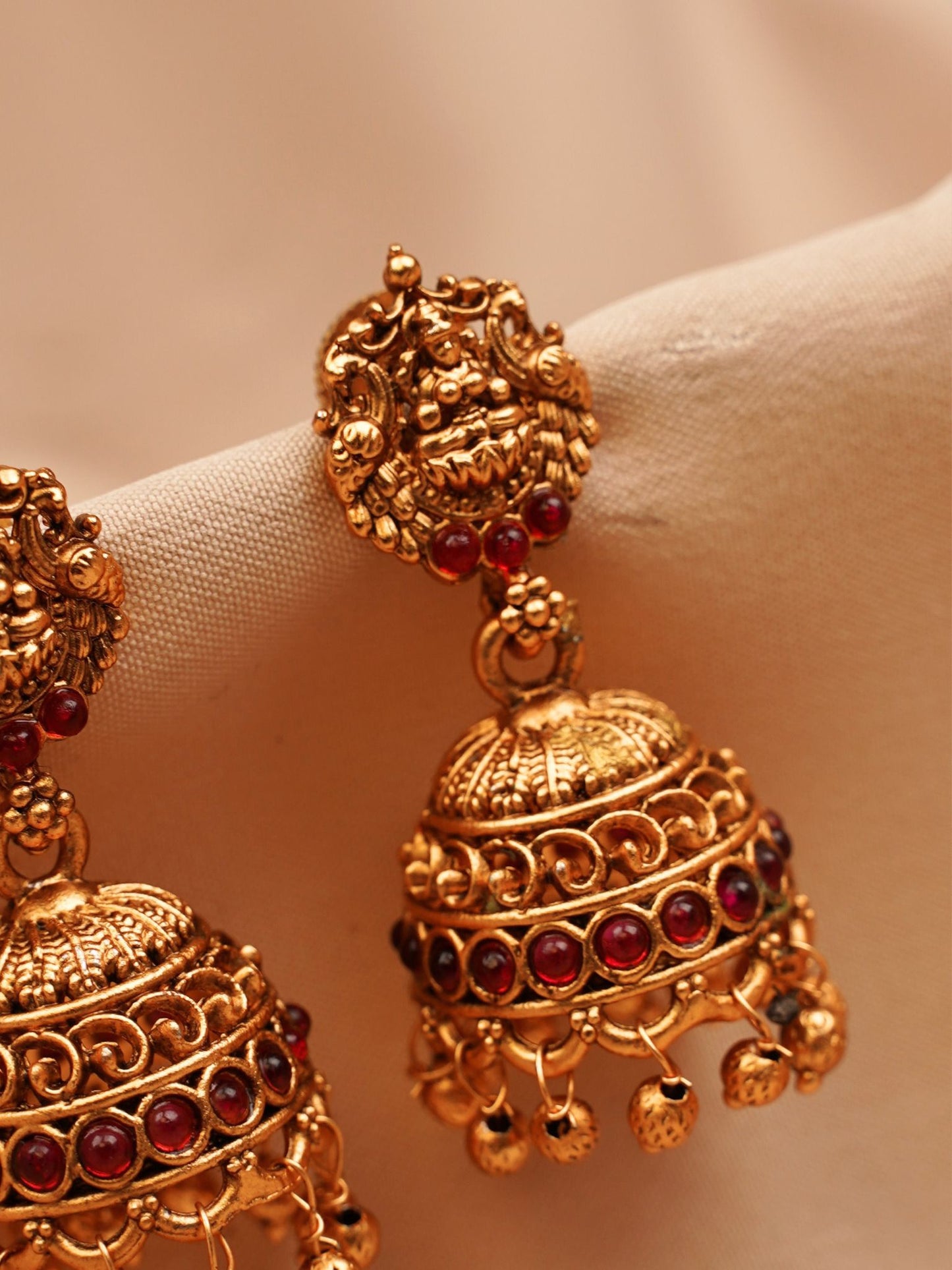 Lakshmi Temple Jhumkas with Ruby Stones