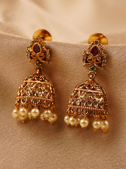 Antique Ruby Pearl Temple Jhumka