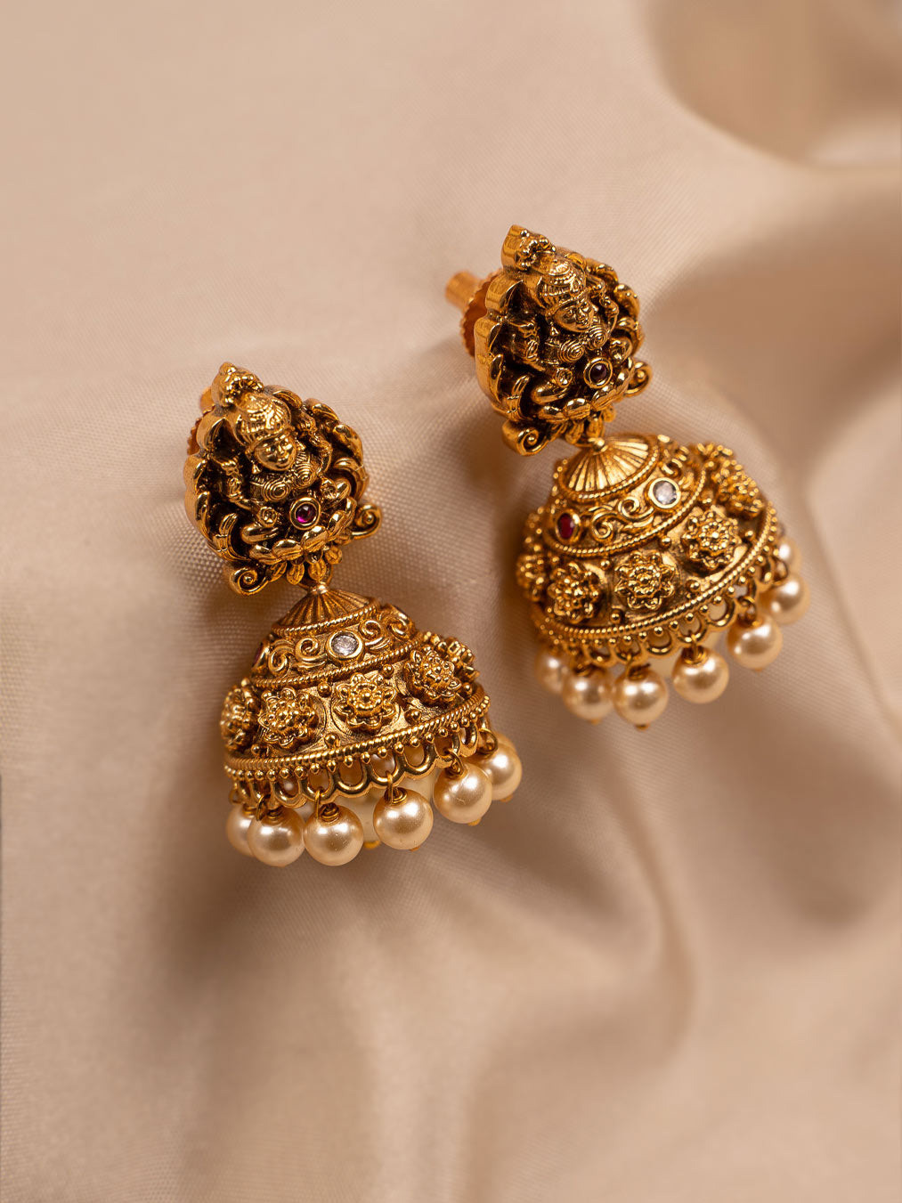 Antique Gold Temple Jhumka Earrings with Pearl Drops