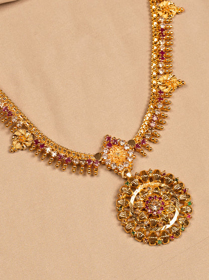 Heritage Gold Temple Necklace with Circular Floral Pendant