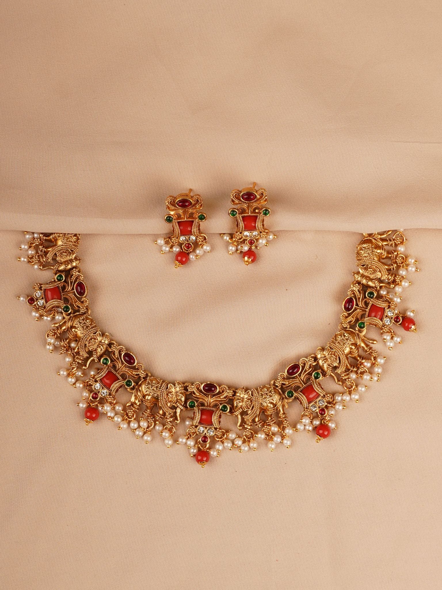 Ruby & Emerald Peacock Temple Necklace Set