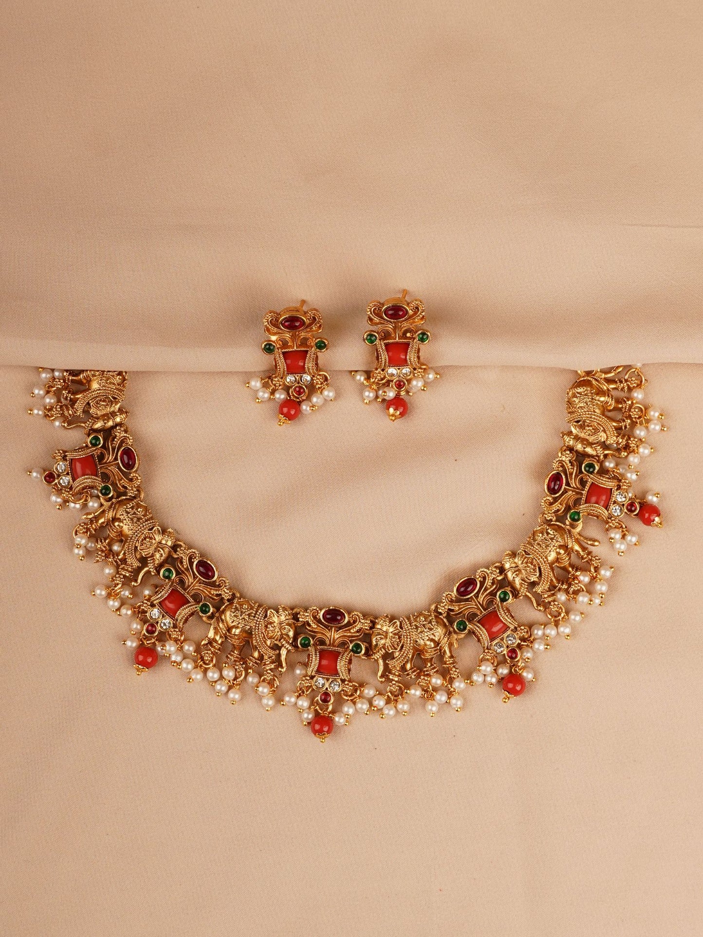 Ruby & Emerald Peacock Temple Necklace Set