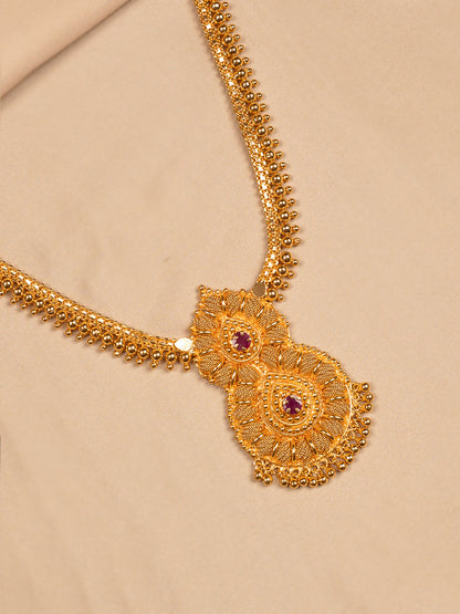 Dual Paisley Gold Pendant Necklace with Ruby Stone Accents