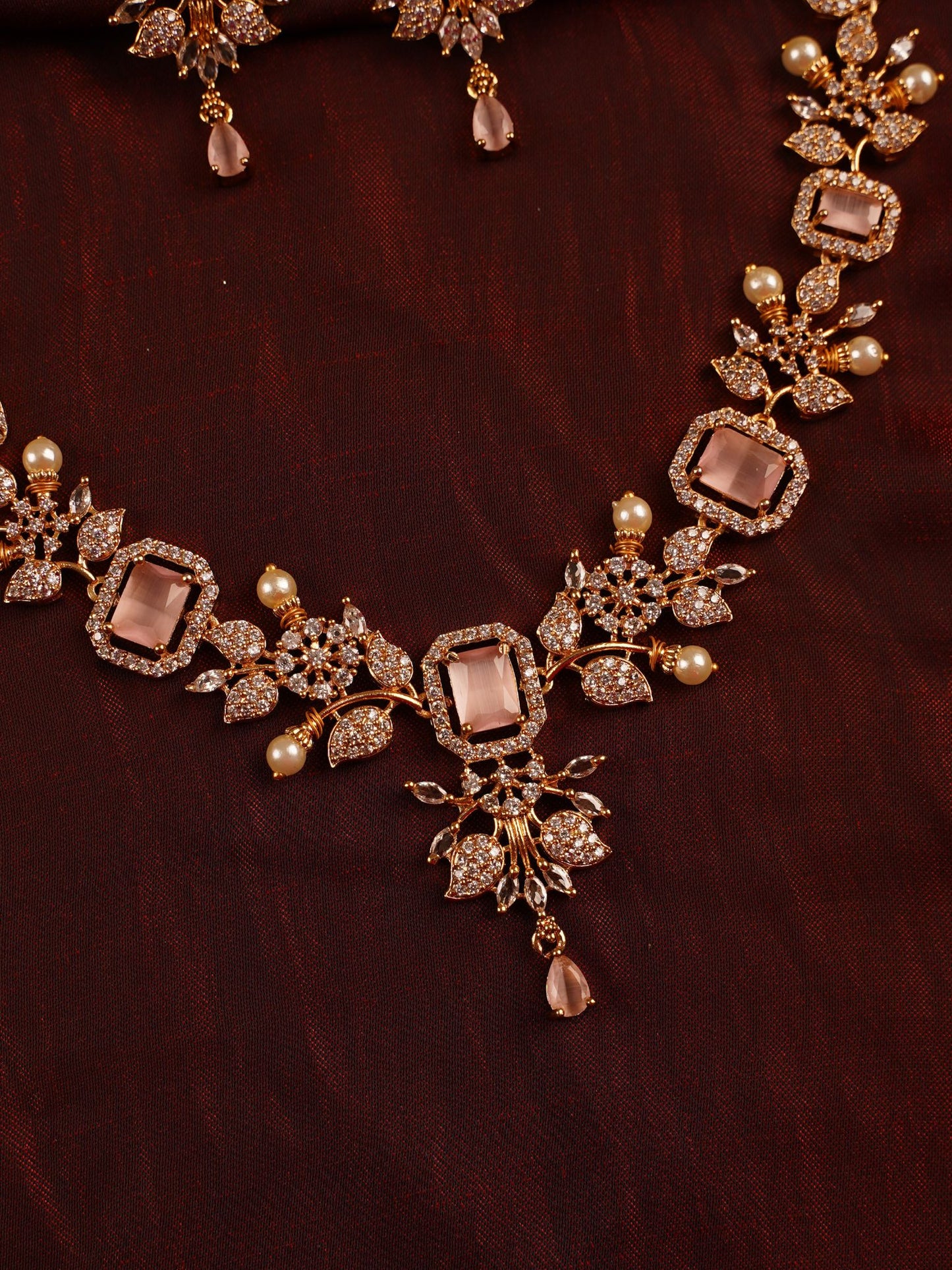 Blush Gold Crystal & Pearl Statement Necklace Set