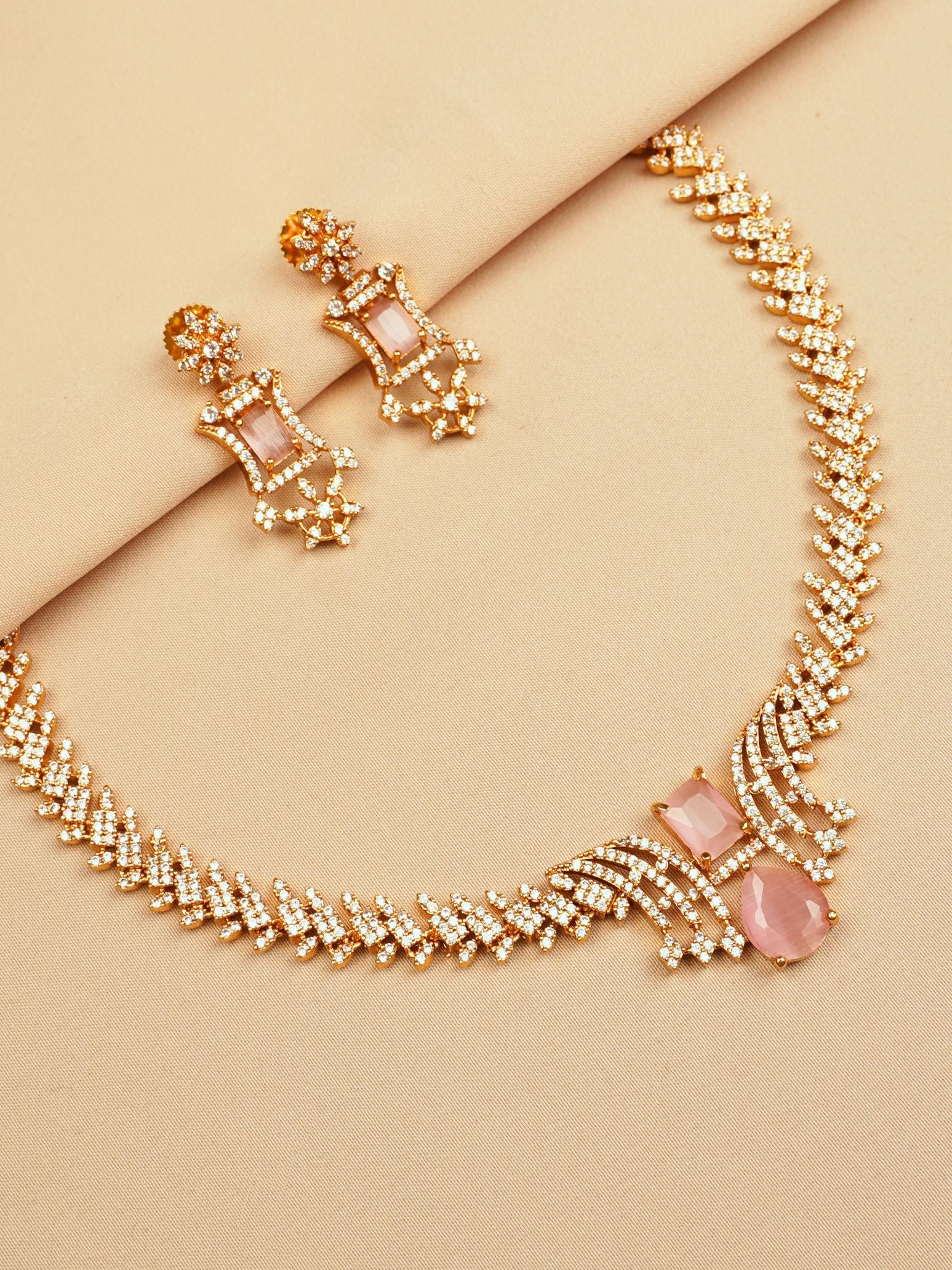 Blush Stone Necklace Set with Diamond Finish