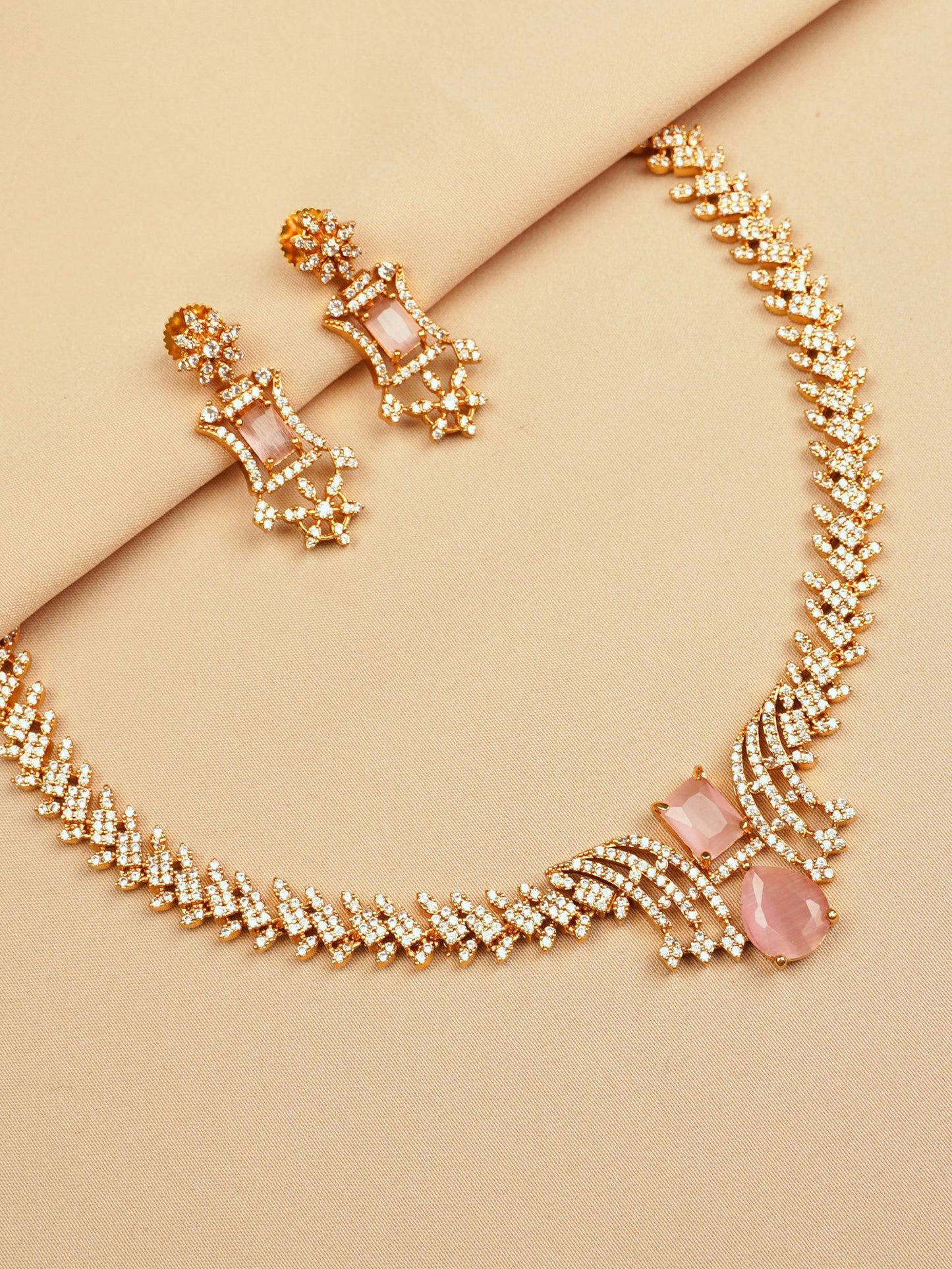 Blush Stone Necklace Set with Diamond Finish