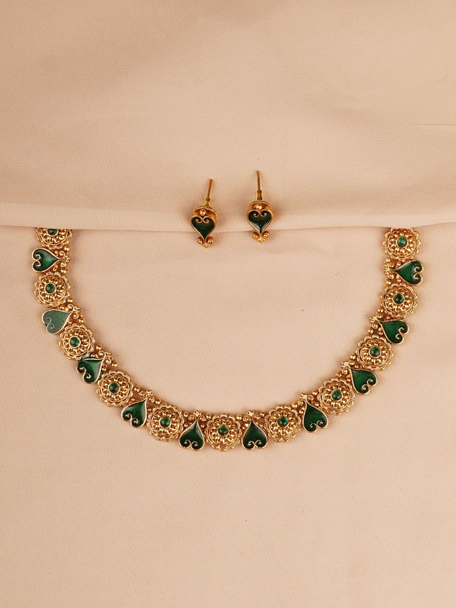 Emerald Green Enamel Temple Necklace Set