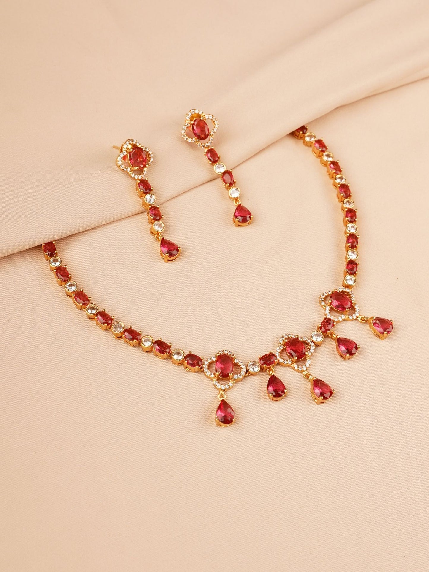 Ruby Red Crystal Drop Necklace Set