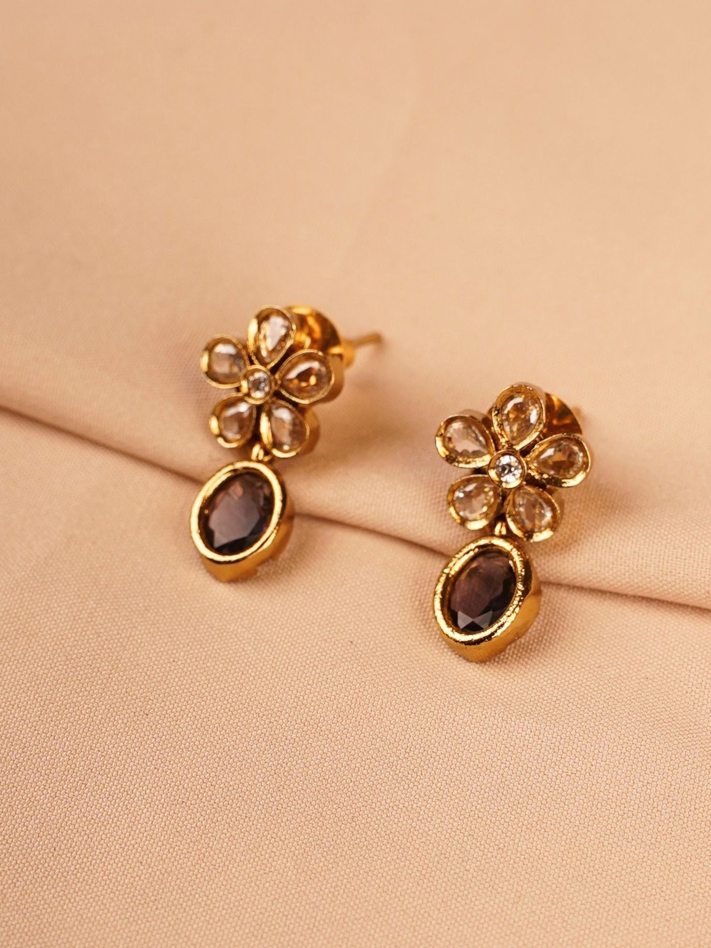 Dual Layer Floral Necklace Set with Purple Drop