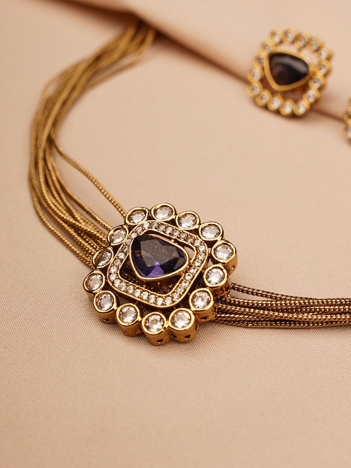 Royal Plum Multi-Layer Chain Necklace & Stud Earrings Set