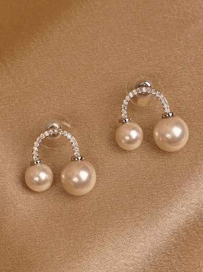 Dual Pearl Crystal Arc Stud Earrings