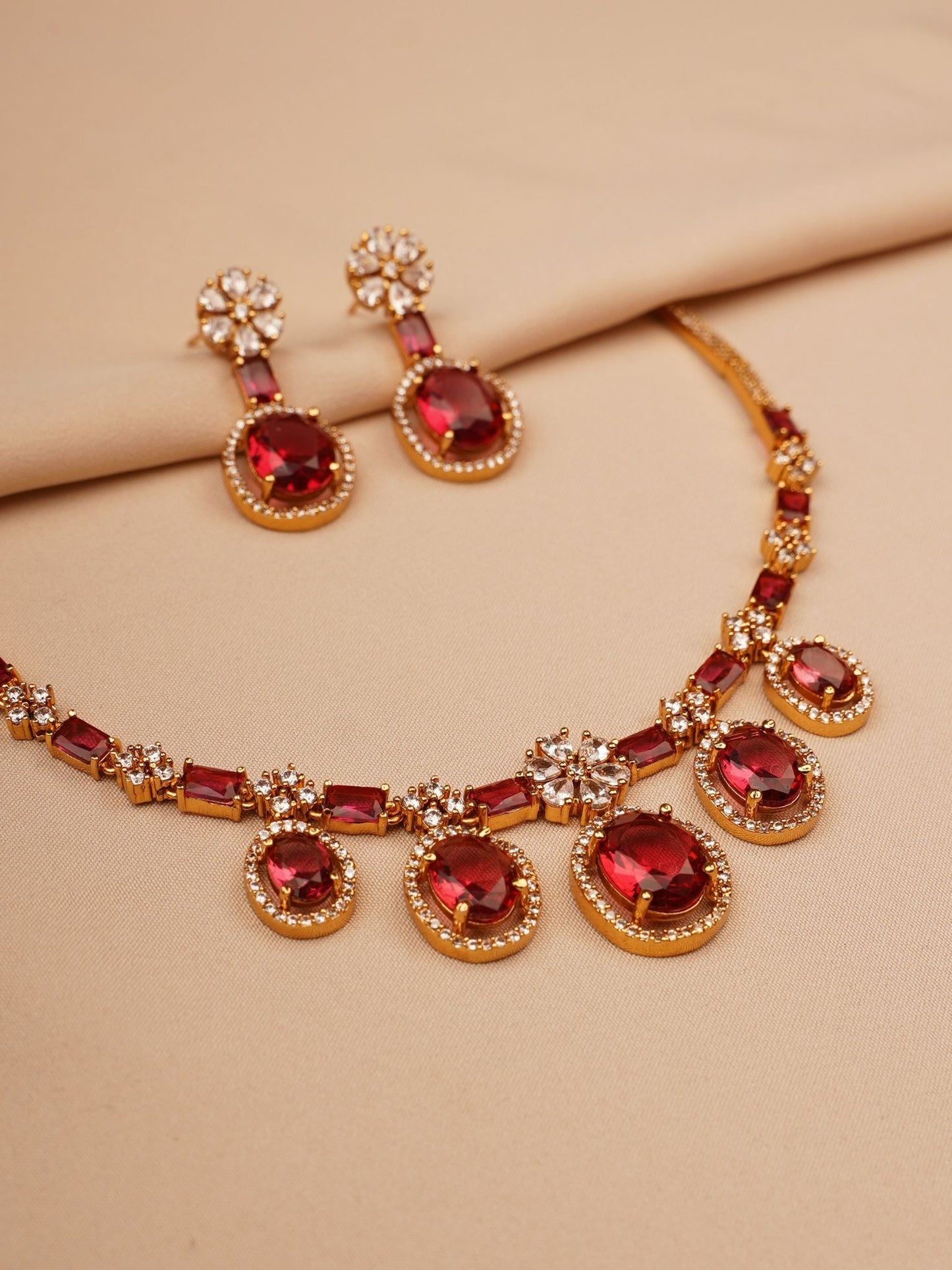 Imperial Ruby Oval Stone Necklace & Earrings Set