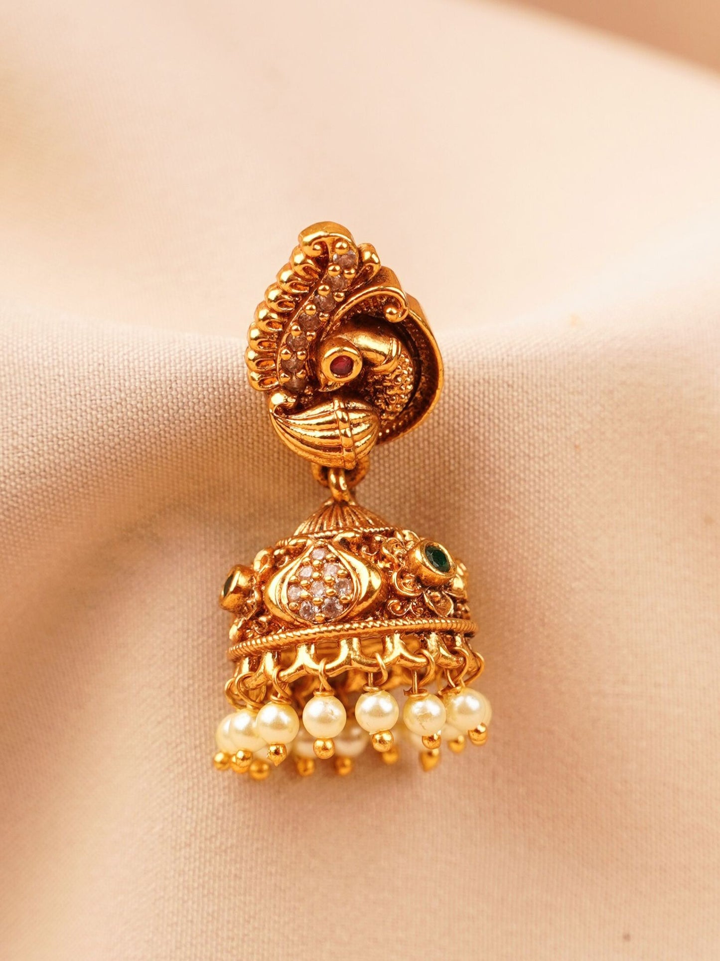 Peacock Temple Jhumka Earrings with Crystal Dome