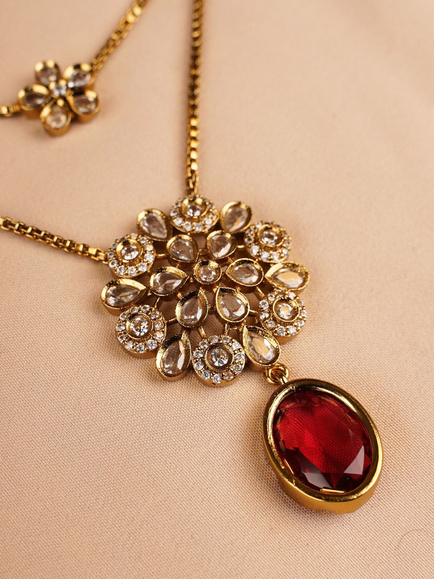 Dual Layer Floral Necklace Set with Ruby Red Drop