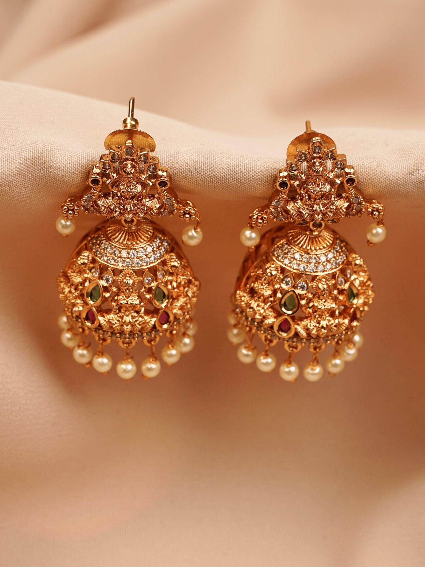 Bridal Lakshmi Temple Jhumkas with Pearls