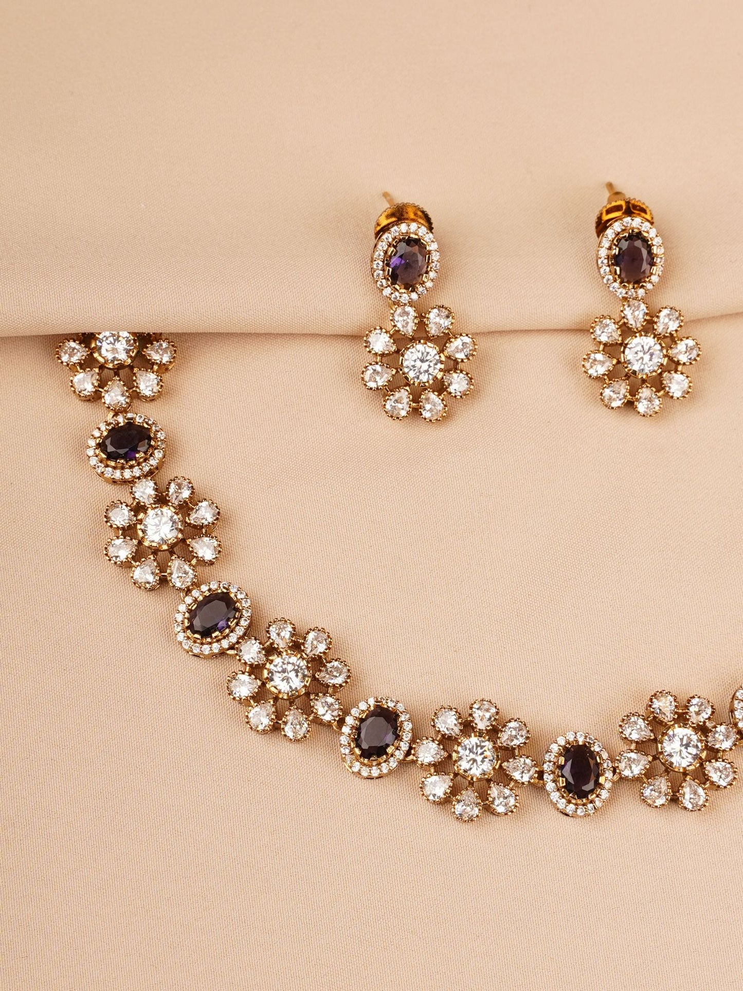 Purple & Crystal Floral Necklace Set