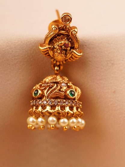 Peacock Temple Jhumka Earrings with Pearl Drops