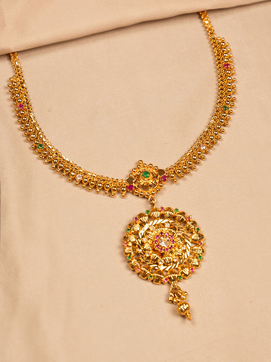 Floral Mandala Gold Necklace with Multicolor Gem Accents