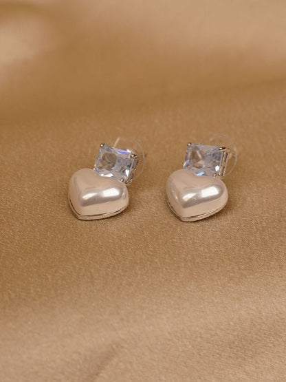 Crystal Heart Pearl Drop Earrings