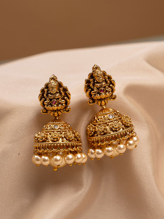 Antique Gold Temple Jhumka Earrings with Pearl Drops